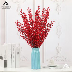 Cành cây hoa đào đông đỏ giả 80cm decor bàn đẹp, bắt mắt