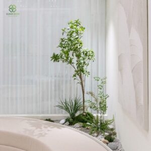 Tiểu cảnh cây giả trang trí góc tường